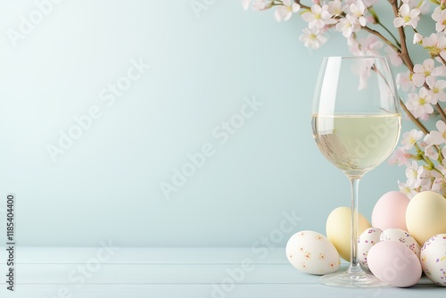 Elegant springtime arrangement with wine glass, cherry blossoms, and pastel easter eggs
