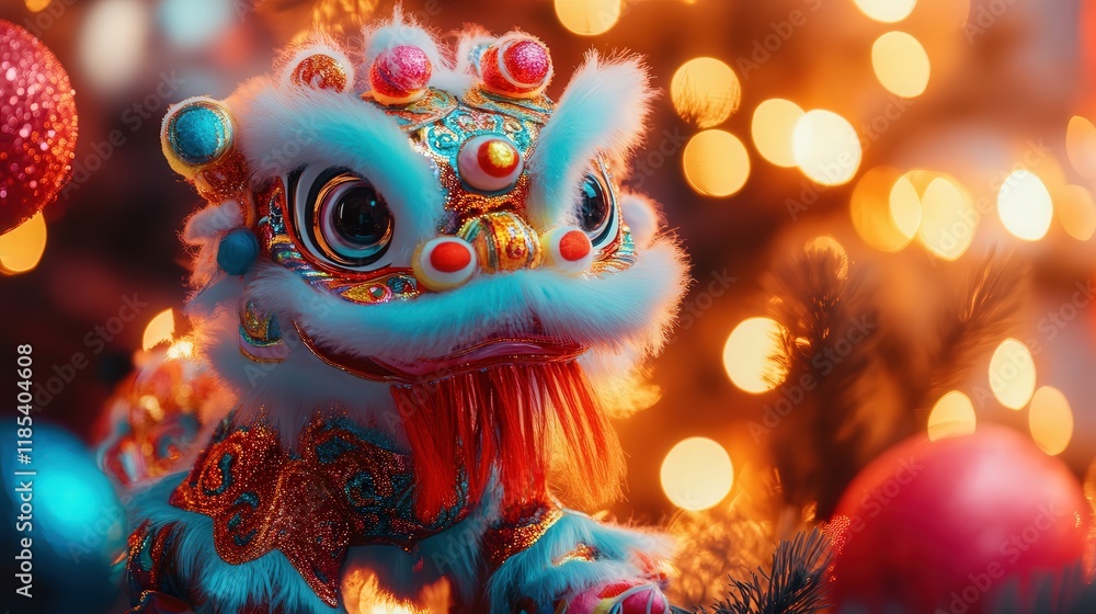small and colorful Chinese toy lion dance with intricate embroidery, glowing in the light of festive decorations small and colorful Chinese toy lion dance with intricate embroidery, glowing in the light of festive decorations