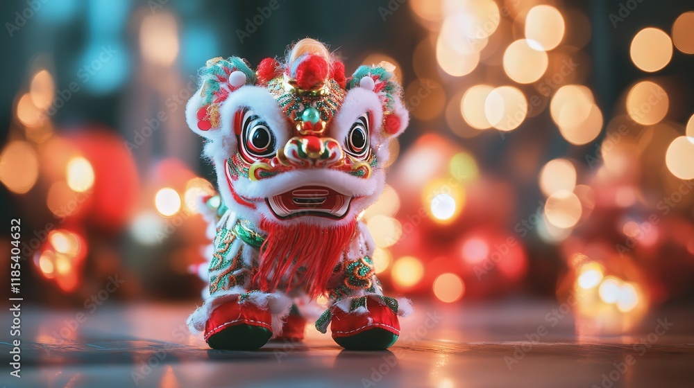 small and colorful Chinese toy lion dance with intricate embroidery, glowing in the light of festive decorations small and colorful Chinese toy lion dance with intricate embroidery, glowing in the light of festive decorations