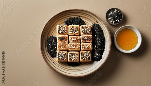 Traditional Korean Dasik Served in an Elegant Bowl with Toppings and a Drizzle of Honey photo