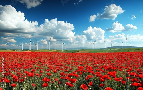 A panoramic shot of wind turbines lined up across a picturesque poppy field, clean renewable energy in harmony with nature, vibrant red poppies and clear skies photo