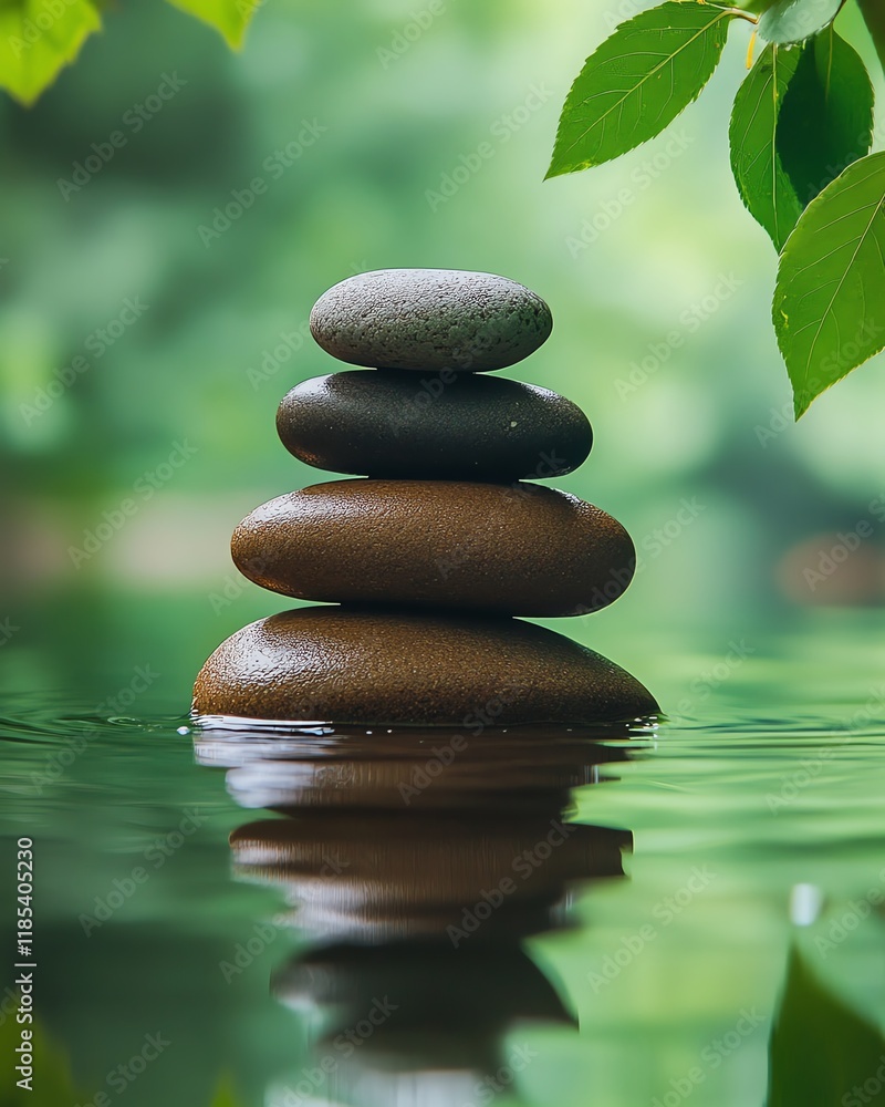 A perfectly balanced Zen stone stack in clear water, green leaves surrounding the rocks, peaceful and serene nature background, calming reflections on the water A perfectly balanced Zen stone stack in clear water, green leaves surrounding the rocks, peaceful and serene nature background, calming reflections on the water