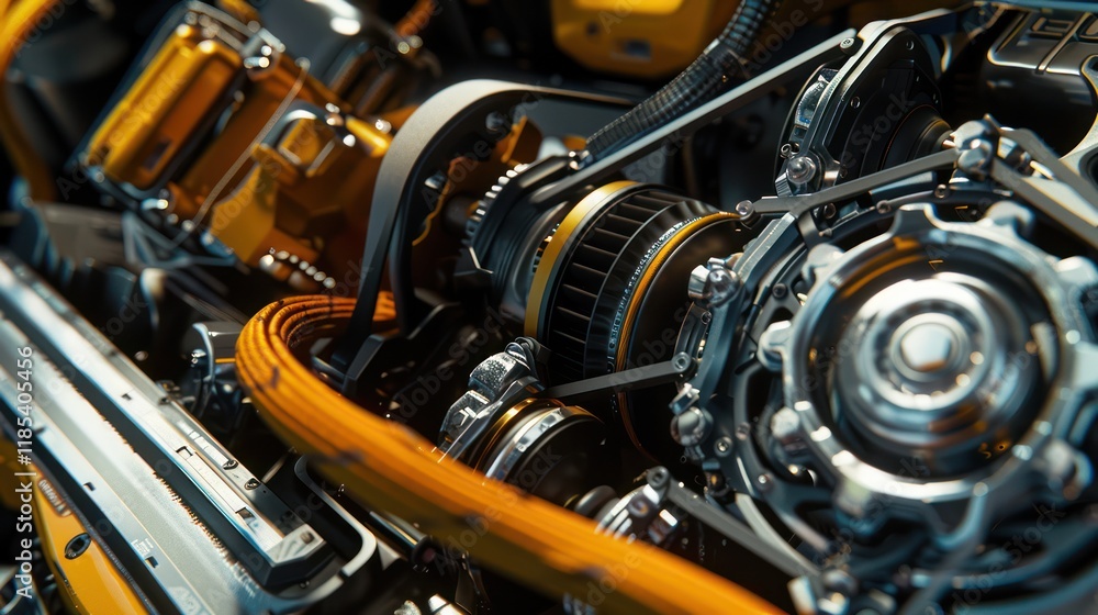 view of a car engine's intricate components, including the spark plugs, engine block, and wiring view of a car engine's intricate components, including the spark plugs, engine block, and wiring
