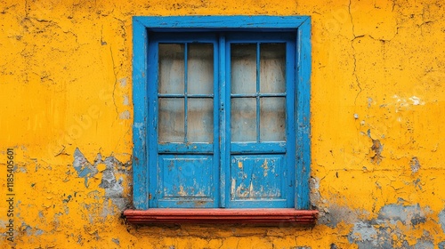 Vibrant Hues: A Weathered Blue Window Against a Flaking Yellow Wall. A captivating study in color contrast and architectural detail, showcasing the beauty of aged textures and urban decay. photo