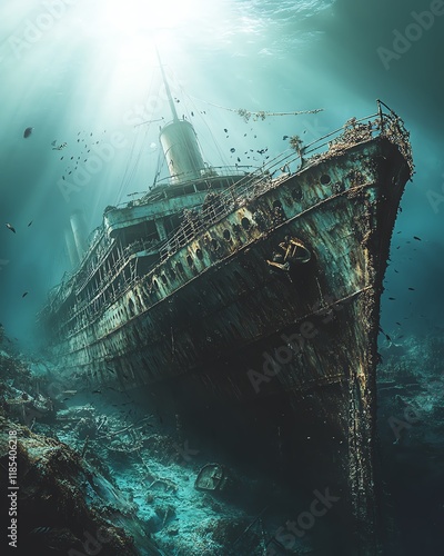 A Titaniclike old ocean liner wreck underwater, rusting with age, detailed depiction of the wreckage, marine life circling the ship, soft diffused light in the deep sea photo