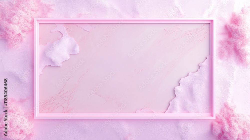 Pastel pink marble frame on textured background with clouds of soft cotton candy Pastel pink marble frame on textured background with clouds of soft cotton candy