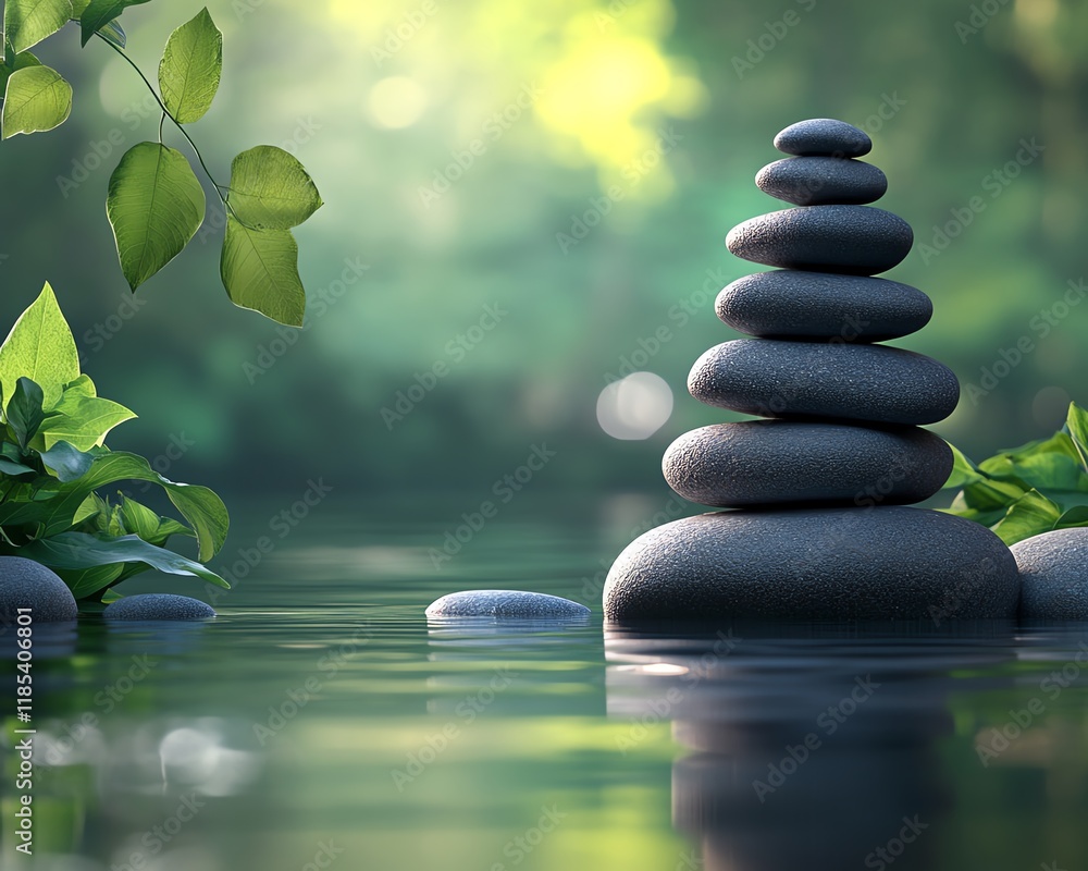 A Zen pile of balanced stones resting in calm water, surrounded by lush green foliage, peaceful nature scene, soft lighting and tranquil ambiance A Zen pile of balanced stones resting in calm water, surrounded by lush green foliage, peaceful nature scene, soft lighting and tranquil ambiance