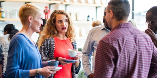 Εκτύπωση καμβά Group of diverse people in casual attire having a coffee break, chatting and enjoying coffee