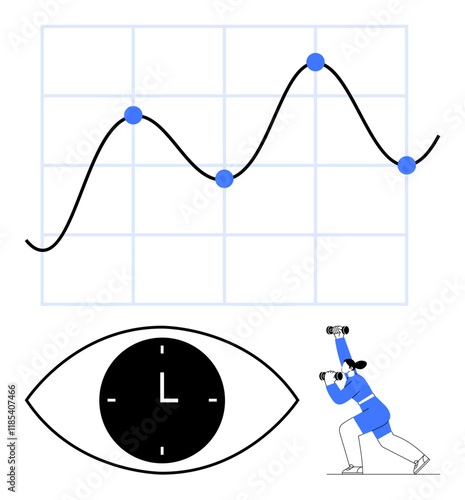 Line graph with data points, clock inside an eye symbolizing time and focus, person observing with binoculars. Ideal for analytics, trends, time management, strategy, focus, research abstract line