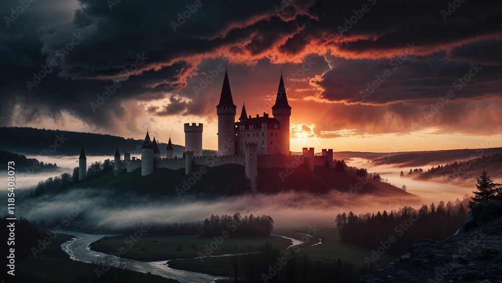 Fototapeta premium A medieval castle perched atop a hill during a vibrant sunset.