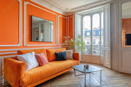 Modern Orange Living Room, Bright Interior Design, Cozy Sofa, Urban Apartment, French Balcony photo