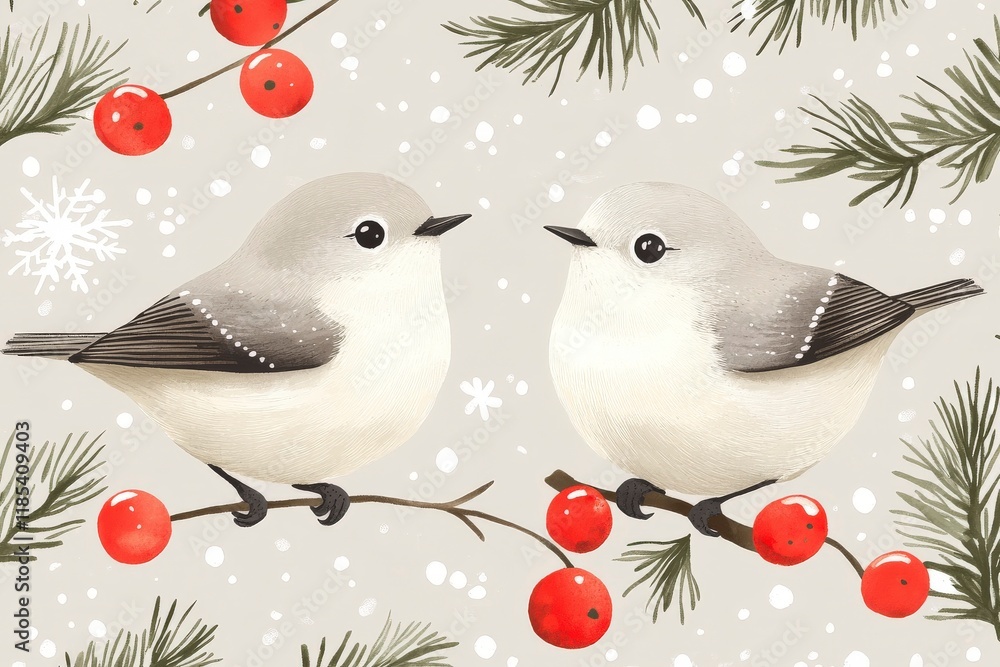 Fototapeta premium Cute Birds with Berries and Snowflakes in Winter Scene
