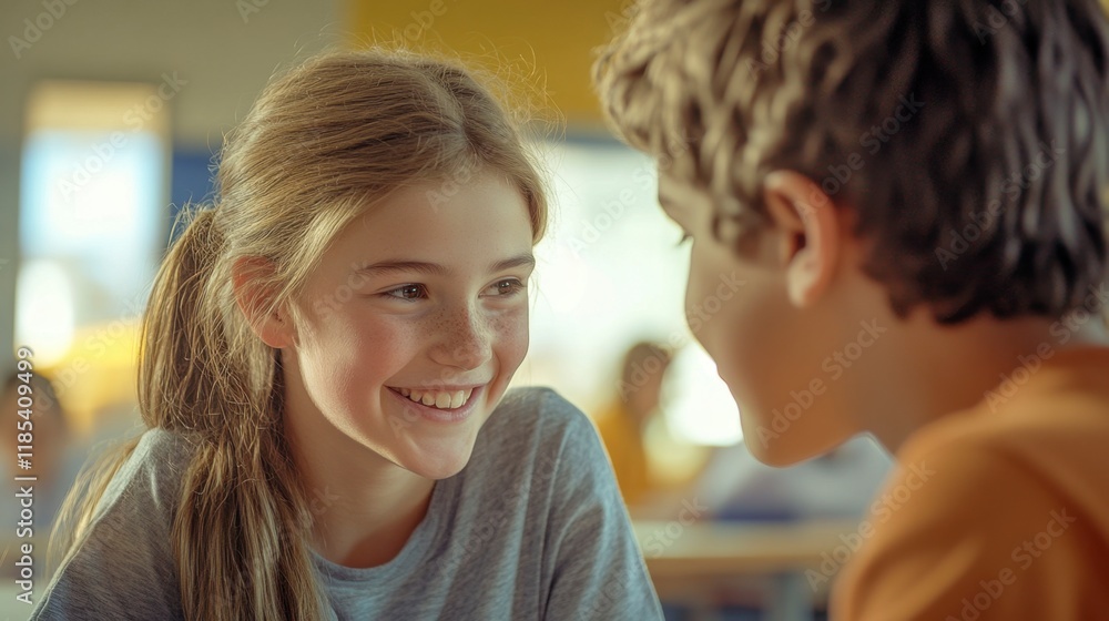 Smiling Girl and Boy Whispering in Classroom - School Friends Smiling Girl and Boy Whispering in Classroom - School Friends