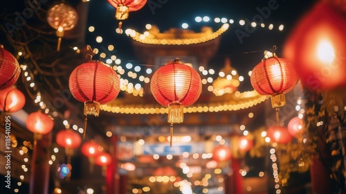 Wallpaper Mural elegant Chinese lanterns glowing above a temple, surrounded by celebratory decorations and lights Torontodigital.ca