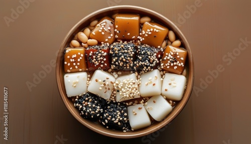 Neatly Arranged Bowl of Yeot Dessert with Various Toppings in Korea