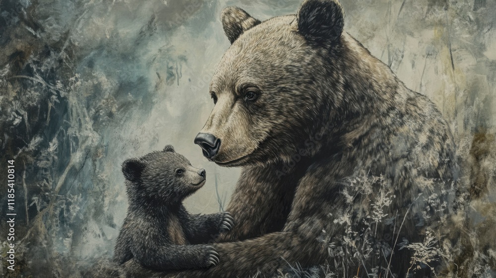 Fototapeta premium Grizzly Bear Mother and Cub Embrace in Forest