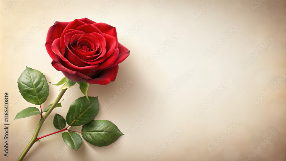 Red rose on textured beige background.Love, romance and celebration for Valentine's Day cards,birthday, social media posts and other romantic occasions Red rose on textured beige background.Love, romance and celebration for Valentine's Day cards,birthday, social media posts and other romantic occasions