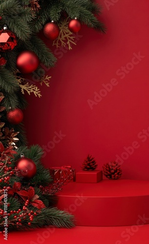 Wallpaper Mural Festive Red Christmas Podium with Ornaments and Pine Branches Torontodigital.ca