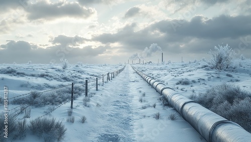 A horizontal oil and gas pipeline in the snow, winter landscape photo