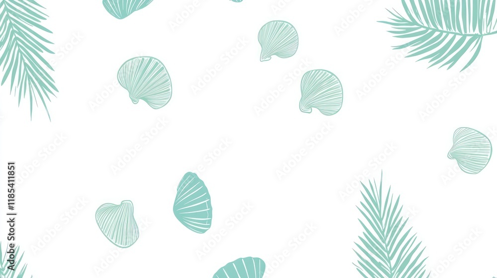 Teal shells and palm leaves on white background. Teal shells and palm leaves on white background.