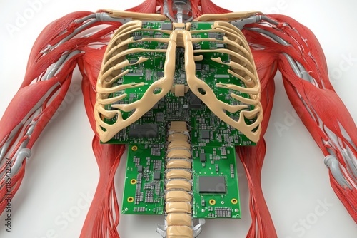 Anatomical illustration of a human torso with exposed ribcage and integrated circuit board, symbolizing the fusion of biology and technology on a white backdrop photo