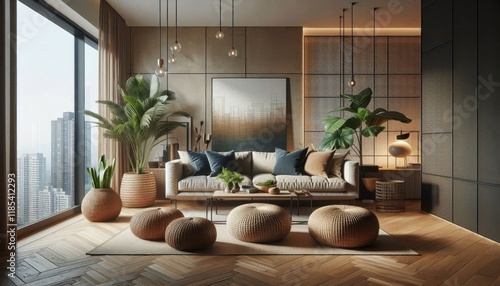 Luxurious modern living room, floor-to-ceiling windows, city skyline view, warm wood paneling, cozy beige sectional sofa, circular coffee table, indoor plants, mood lighting, textured area rug, contem photo