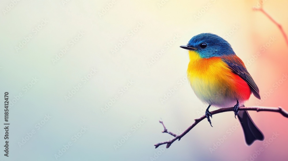 Fototapeta premium Vibrant Rainbow Bird Perched on a Branch in a Soft, Pastel Background