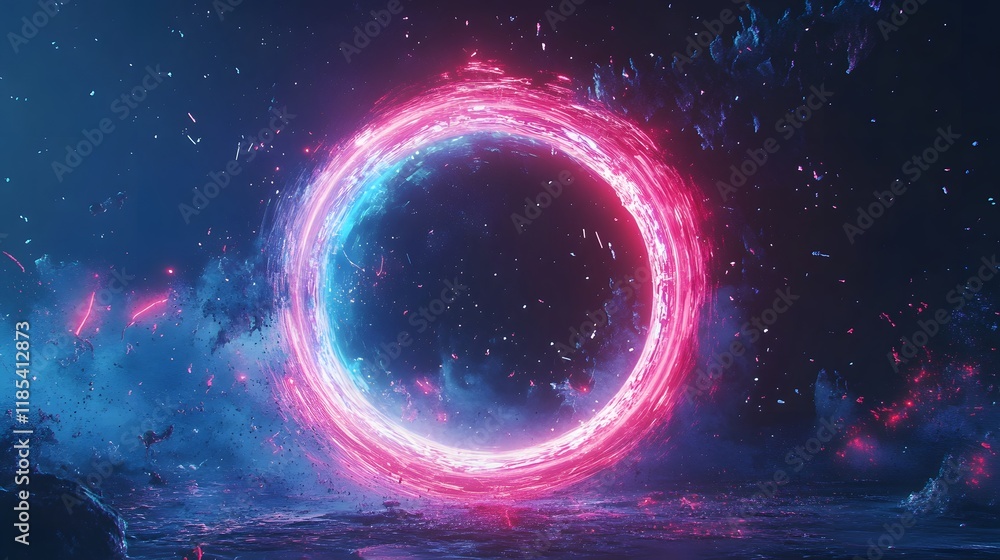 Neon Ring Glowing Brightly in Cosmic Space Neon Ring Glowing Brightly in Cosmic Space