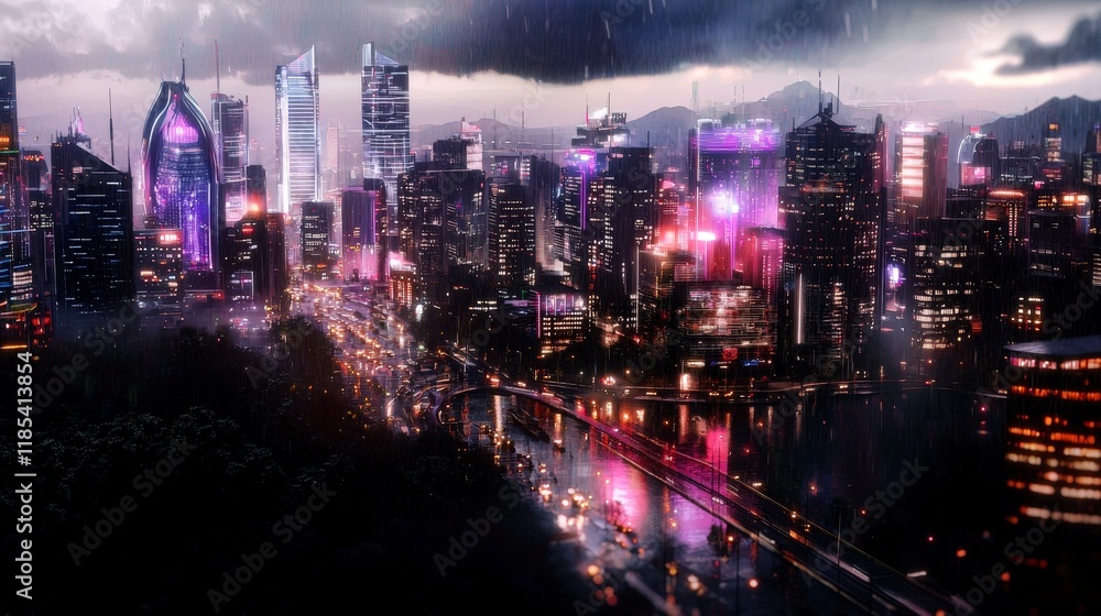 Obraz premium Futuristic Cityscape Rain Night Neon Smart City Urban Technology