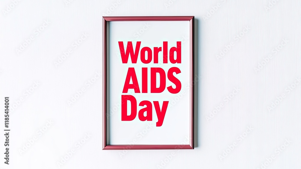 A framed poster promoting World AIDS Day with bold red text on a white background. A framed poster promoting World AIDS Day with bold red text on a white background.