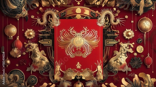 red envelope for Chinese New Year 2025, featuring bold gold designs and surrounded by zodiac symbols and festive decorations