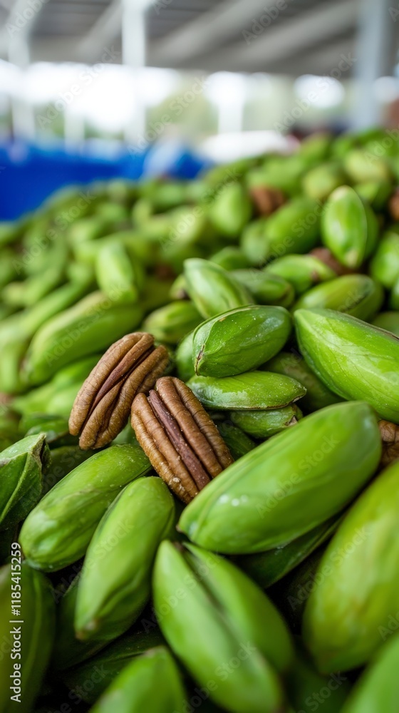 Fresh Pecan Nuts in Shells Organic Harvest Green Husks Close Up Fresh Pecan Nuts in Shells Organic Harvest Green Husks Close Up