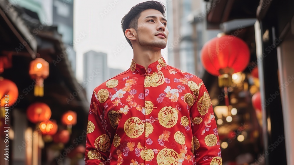 Chinese New Year shirt blending bold patterns of gold coins and firecrackers with a traditional mandarin collar. Chinese New Year shirt blending bold patterns of gold coins and firecrackers with a traditional mandarin collar.