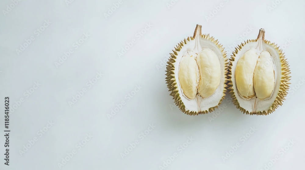 A halved durian fruit showcasing its creamy flesh and distinctive spiky shell. A halved durian fruit showcasing its creamy flesh and distinctive spiky shell.