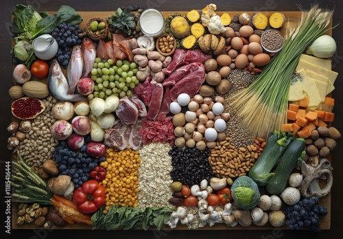 A Colorful Array of Fresh Ingredients Highlighting the Diversity of Fruits, Vegetables, Grains, and Proteins for Healthy Cooking and Nutrition