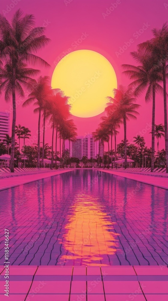Fototapeta premium Retro-futuristic Sunset Over a Tropical Canal with Palm Trees
