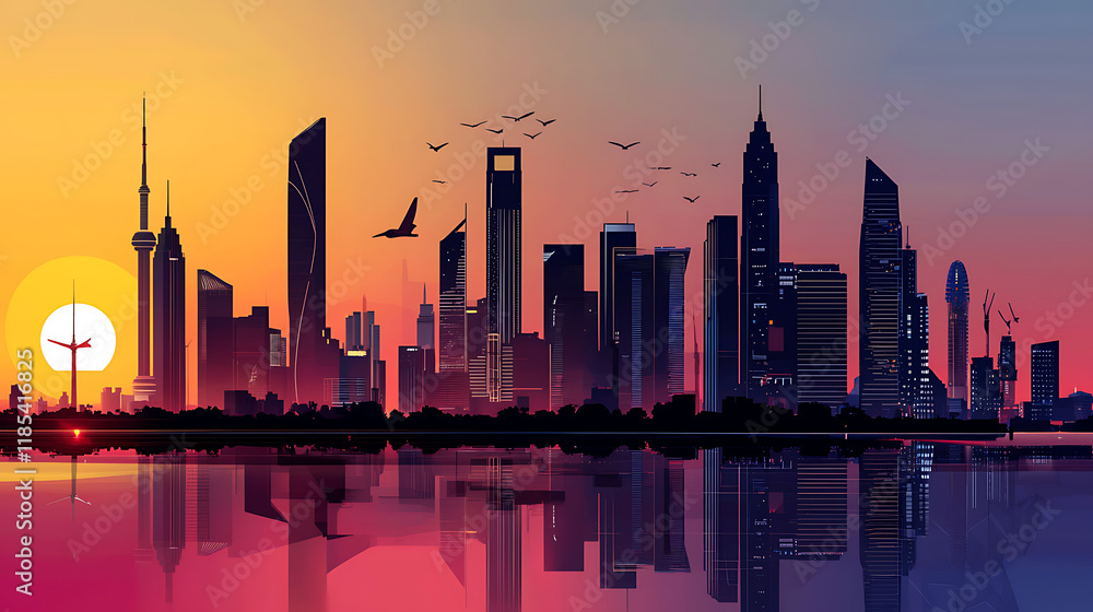 Fototapeta premium A city skyline with a sunset in the background. generated using AI