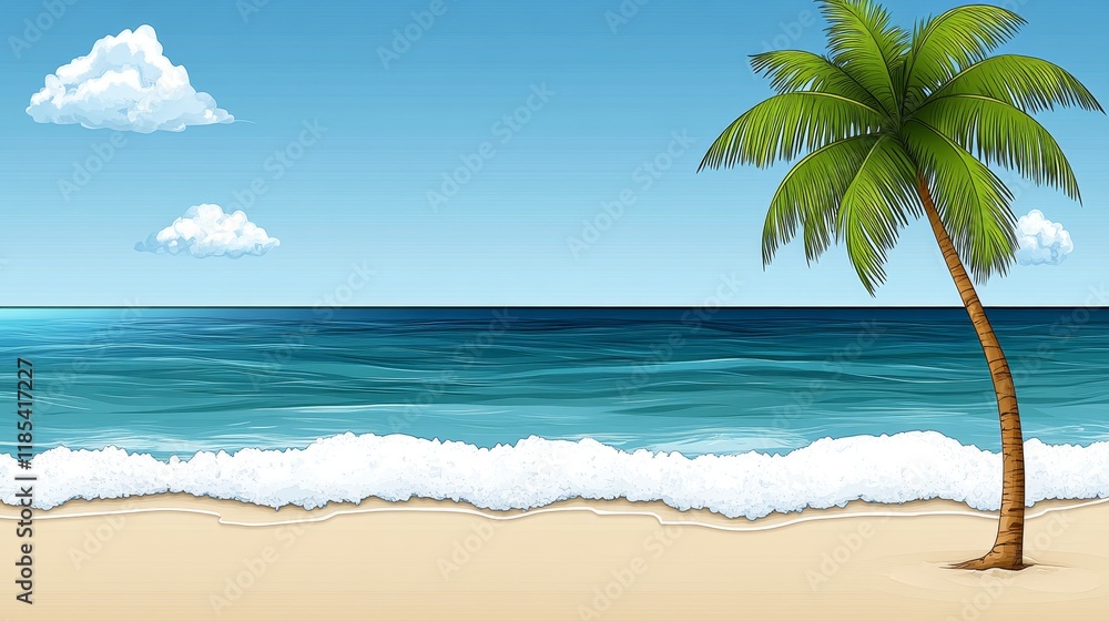 Obraz premium Idyllic Tropical Beach Scene with Single Palm Tree and Gentle Waves