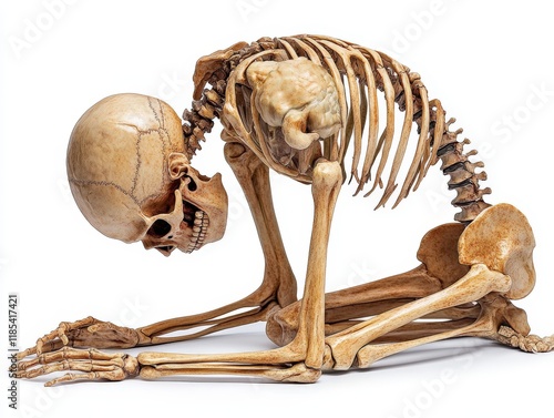 Skeleton of a crouched figure on a white background, symbolizing forensic anthropology, anatomical studies, and the fragile beauty of human skeletal structures photo