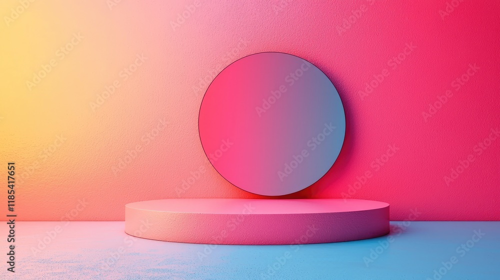 Vibrant Pink and Blue Gradient Background with Circle and Pedestal: Minimalist Geometric Design Vibrant Pink and Blue Gradient Background with Circle and Pedestal: Minimalist Geometric Design