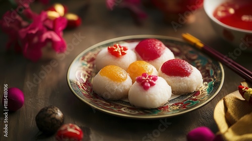 Wallpaper Mural Chinese New Year sweet rice cakes, or nian gao, symbolizing progress and growth, served with colorful red and gold decorations for prosperity. Torontodigital.ca