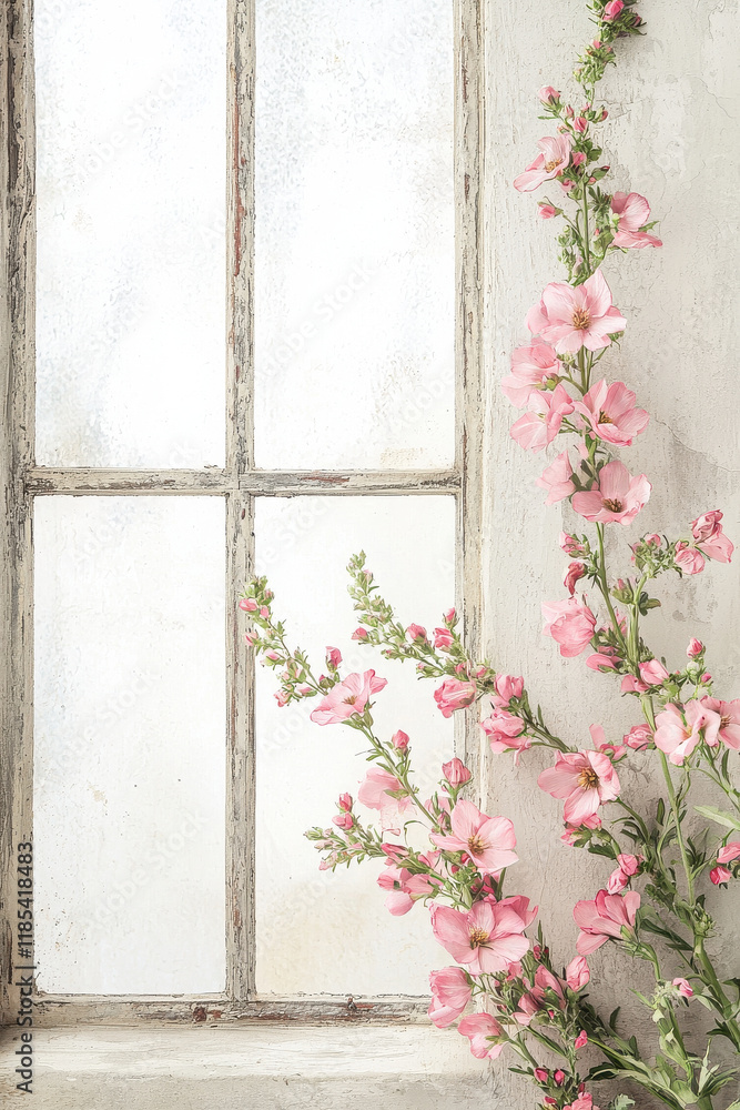 Fototapeta premium Valentine Themed of Beautiful pink flowers cascading by vintage window, creating serene atmosphere