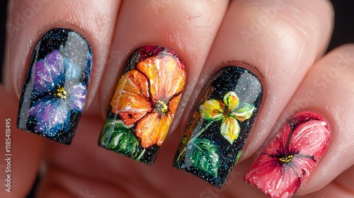 Vibrant floral nail art featuring colorful designs on a dark background. photo