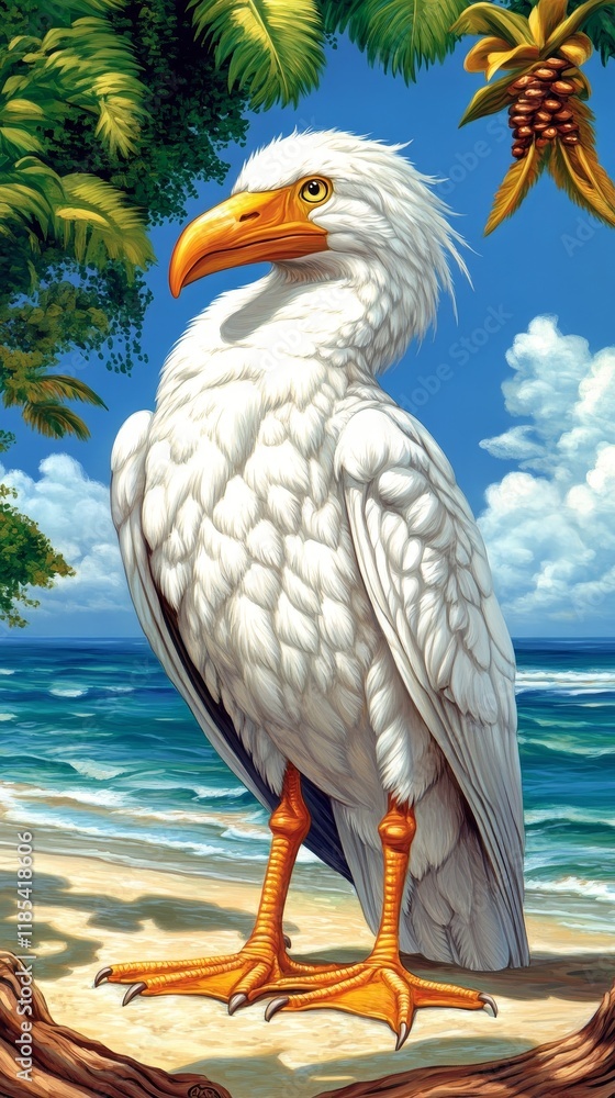 Obraz premium Majestic White Bird Perched on a Tropical Beach, Near Ocean Waves
