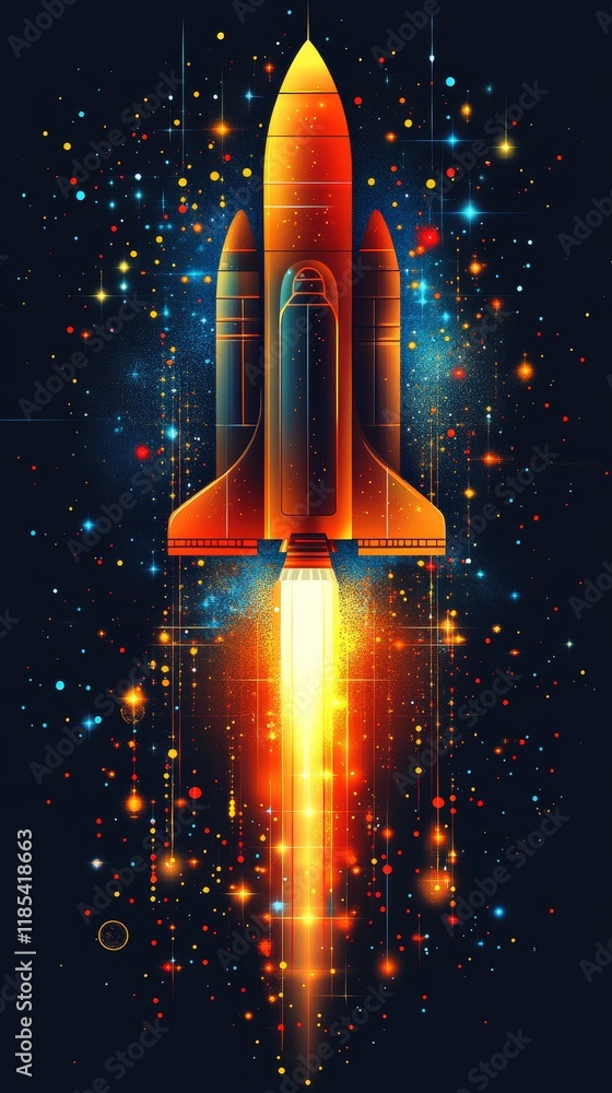 Obraz premium A vibrant, stylized depiction of a rocket launching into space, engulfed in fiery propulsion