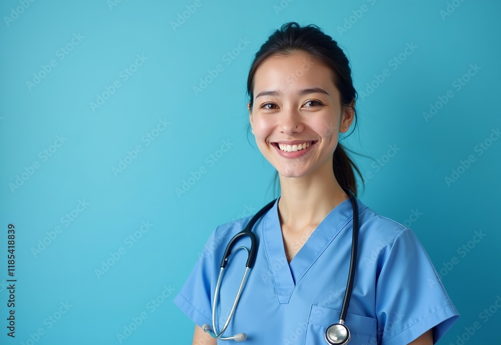 Caring Woman Surgeon in Hospital Attire, Smiling Doctor Representing Healthcare Excellence, Isolated on Calm Blue Background Caring Woman Surgeon in Hospital Attire, Smiling Doctor Representing Healthcare Excellence, Isolated on Calm Blue Background
