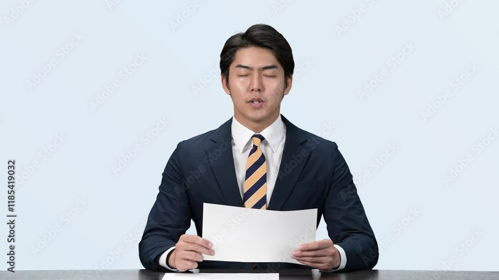 man, businessman, speaking, announcer, news, article, television, caster, japanese, asian, broadcast, reporting, mass media, media, studio, document, video conference, video call, web, online, reading man, businessman, speaking, announcer, news, article, television, caster, japanese, asian, broadcast, reporting, mass media, media, studio, document, video conference, video call, web, online, reading