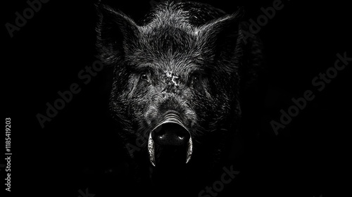 Wallpaper Mural Black and white close-up portrait of a wild boar against a dark background, showing its tusks and intense gaze. Torontodigital.ca