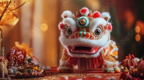toy lion dance figure, designed with colorful fur and intricate embroidery, placed on a festive New Year table