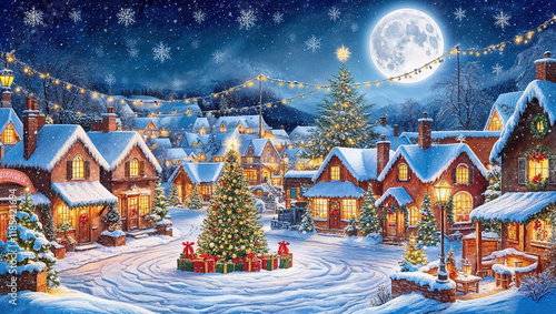 Wallpaper Mural Nighttime View of a Provincial Town Before Christmas with Tree and Decorated Streets Torontodigital.ca